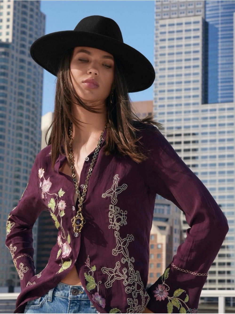 Johnny Was Plum Embroidered Button-Down Shirt - Picture 2 of 11